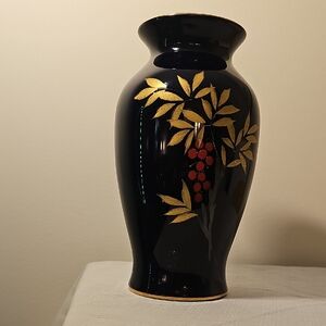 Vintage Cobalt Blue Ceramic Vase with Gold and Red Leaf Motif